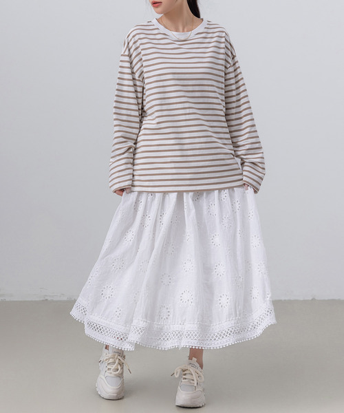 DAY CLOSET(デイ クローゼット)の「長袖 ボーダー柄 ゆる ビッグシルエット ロンT レディース(Tシャツ/カットソー・レディース・ブラック/グレー/レッド/ベージュ・FREE)」の22枚目の写真