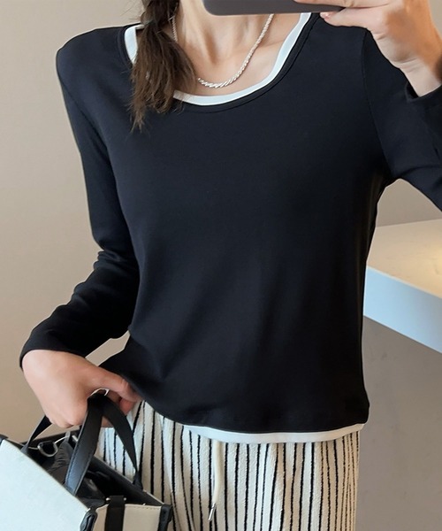 BANICO(バニコ)の「【Banico】配色ネックデザイン長袖トップス(Tシャツ/カットソー・レディース・チョコ/ホワイト/ベージュ/ブラック・FREE)」の3枚目の写真