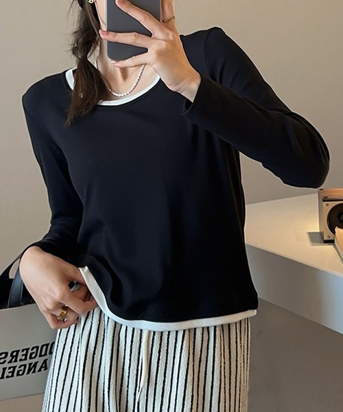 BANICO(バニコ)の「【Banico】配色ネックデザイン長袖トップス(Tシャツ/カットソー・レディース・チョコ/ホワイト/ベージュ/ブラック・FREE)」の8枚目の写真