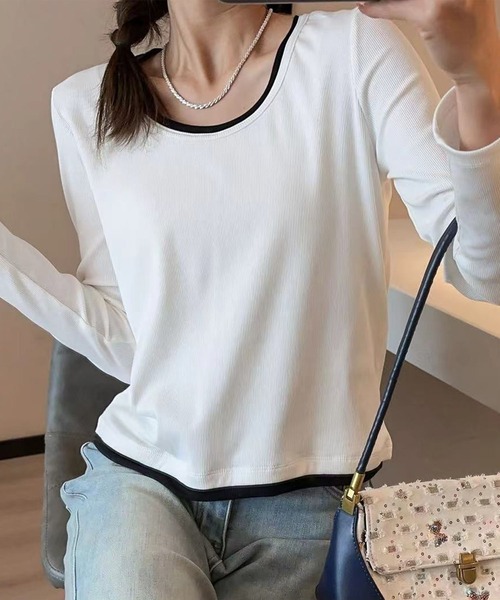 BANICO(バニコ)の「【Banico】配色ネックデザイン長袖トップス(Tシャツ/カットソー・レディース・チョコ/ホワイト/ベージュ/ブラック・FREE)」の7枚目の写真