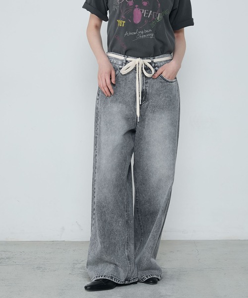 パンツ sky lace denim セール】Shoelace belt loose denim pants / シューレースベルト