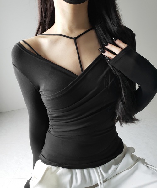 me+em select(ミームセレクト)の「【 2点セット 】Y-ストラップスリムギャザーレイヤードトップス / Y-strap slim gather layered tops(アンサンブル・レディース・ホワイト/ブラック・FREE)」の6枚目の写真