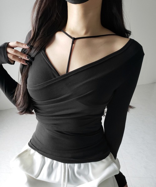 me+em select(ミームセレクト)の「【 2点セット 】Y-ストラップスリムギャザーレイヤードトップス / Y-strap slim gather layered tops(アンサンブル・レディース・ホワイト/ブラック・FREE)」の12枚目の写真