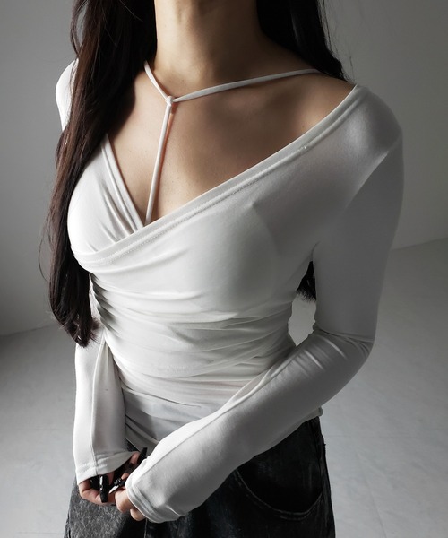 me+em select(ミームセレクト)の「【 2点セット 】Y-ストラップスリムギャザーレイヤードトップス / Y-strap slim gather layered tops(アンサンブル・レディース・ホワイト/ブラック・FREE)」の19枚目の写真