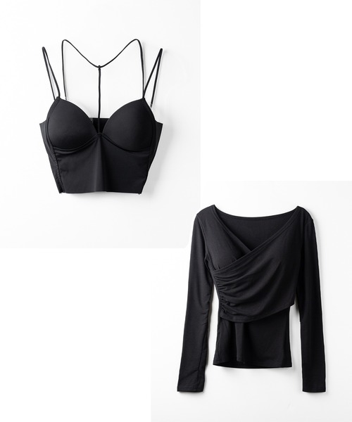 me+em select(ミームセレクト)の「【 2点セット 】Y-ストラップスリムギャザーレイヤードトップス / Y-strap slim gather layered tops(アンサンブル・レディース・ホワイト/ブラック・FREE)」の3枚目の写真