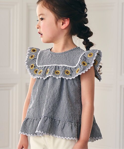 セール】【リンク/ジュニア対応】襟お花刺繍デザインブラウス