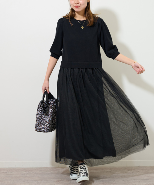 JOURNAL STANDARD relume（ジャーナルスタンダード　レリューム）の「《WEB限定追加2》ウォッシャブルチュールドッキングワンピース（ワンピース・レディース・ブラック・FREE）」の4枚目の写真