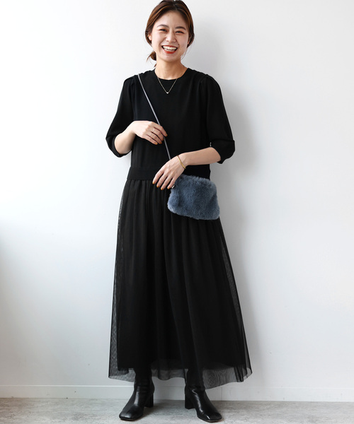 JOURNAL STANDARD relume（ジャーナルスタンダード　レリューム）の「《WEB限定追加2》ウォッシャブルチュールドッキングワンピース（ワンピース・レディース・ブラック・FREE）」の7枚目の写真