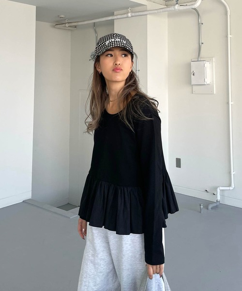 裾フリルクロップドロングTシャツ（Tシャツ/カットソー）｜CHERI