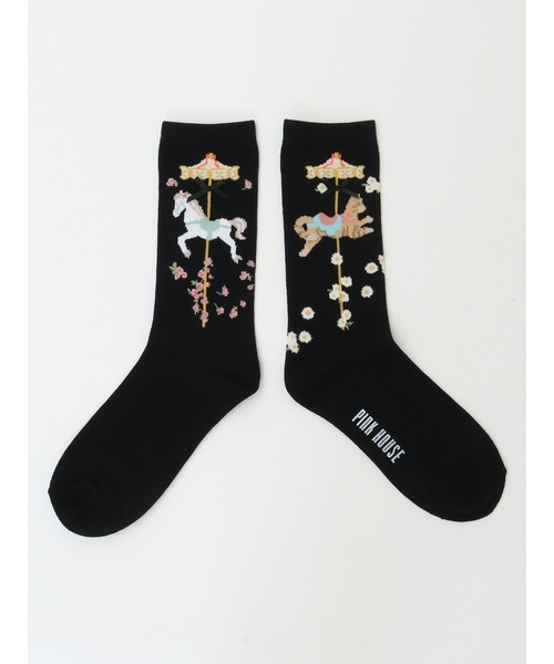 PINK HOUSE（ピンクハウス）の「メリーゴーラウンド柄ソックス（ソックス/靴下・レディース・モカ/ブラック/スカイブルー/アイボリー・フリー）」の3枚目の写真