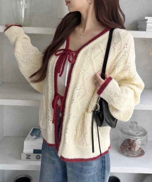 25AW 先行予約】フロントリボン 透かし編み バイカラーニット