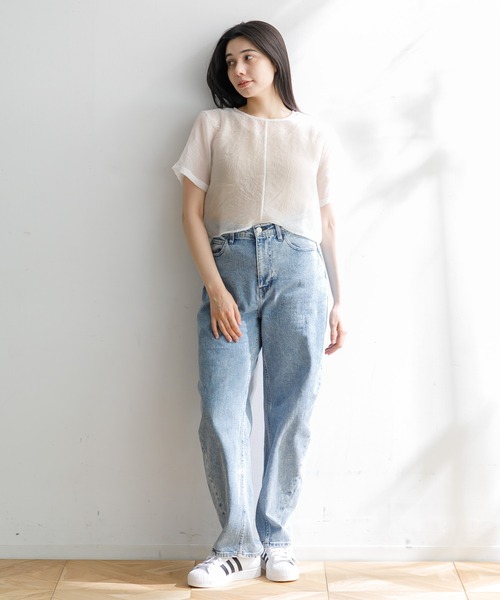 デニム・ジーパン WHITE COTTON DENIM JEANS ダメージ加工 デニムジーンズ ゆったり ワイドパンツ (デニム