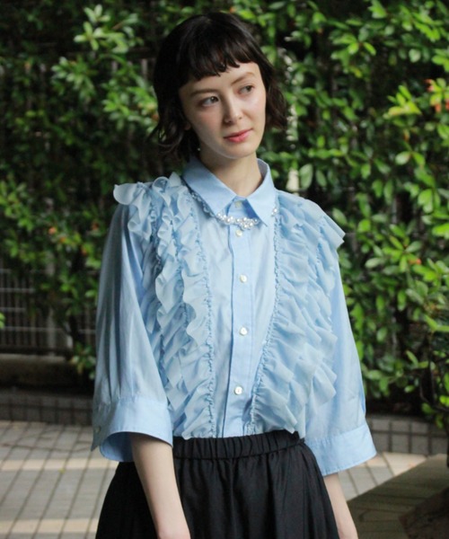 H.A.K(ハク)の「120/2ブロード+パワーチュールフリルシャツ(シャツ/ブラウス・レディース・サックスブルー/ブラック/ホワイト・FREE)」の3枚目の写真