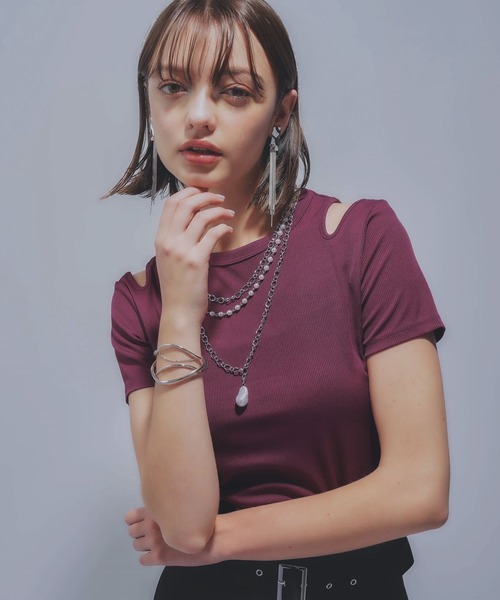 HARE(ハレ)の「デザインカットリブT(HARE)(Tシャツ/カットソー・レディース・ブラック/ピンク・FREE)」の1枚目の写真