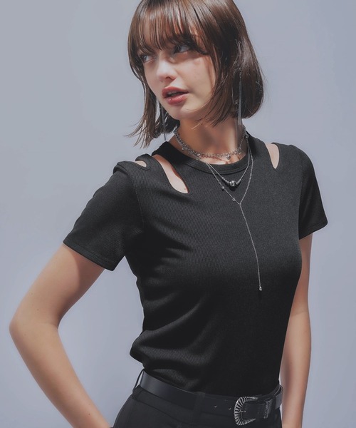 HARE(ハレ)の「デザインカットリブT(HARE)(Tシャツ/カットソー・レディース・ブラック/ピンク・FREE)」の5枚目の写真