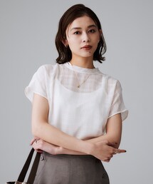 【シアー】チェックスタンドネックブラウス