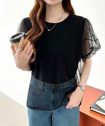 COCOMOMO（ココモモ）の「シアーチュールで軽やかに チュールレイヤード パフスリーブトップス 半袖 カットソー シアー チュール レイヤード Tシャツ 夏服（Tシャツ/カットソー）」