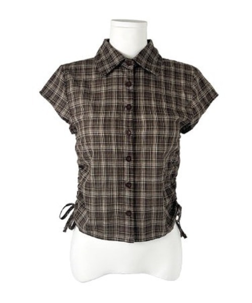 シャツ+ブラウス(半袖+袖なし) treat urself Gingham Ruffle setup サイドギャザーチェック柄半袖シャツ（シャツ/ブラウス）｜anyonemore