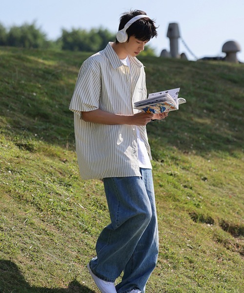 NOWLE(ノウル)の「【NOWLE】大人カジュアル 刺繍 ワンポイント 半袖 ストライプシャツ(シャツ/ブラウス・メンズ・ライトグリーン/ライトベージュ・MEDIUM/X-LARGE/LARGE)」の3枚目の写真