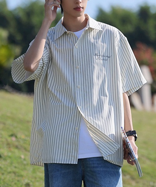 NOWLE(ノウル)の「【NOWLE】大人カジュアル 刺繍 ワンポイント 半袖 ストライプシャツ(シャツ/ブラウス・メンズ・ライトグリーン/ライトベージュ・MEDIUM/X-LARGE/LARGE)」の5枚目の写真