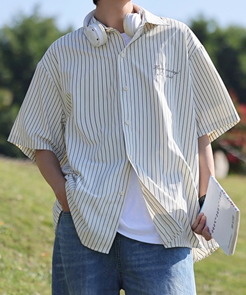 NOWLE(ノウル)の「【NOWLE】大人カジュアル 刺繍 ワンポイント 半袖 ストライプシャツ(シャツ/ブラウス・メンズ・ライトグリーン/ライトベージュ・MEDIUM/X-LARGE/LARGE)」の6枚目の写真