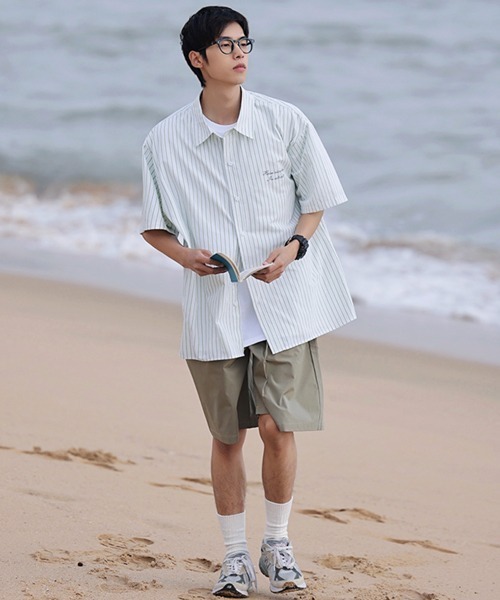 NOWLE(ノウル)の「【NOWLE】大人カジュアル 刺繍 ワンポイント 半袖 ストライプシャツ(シャツ/ブラウス・メンズ・ライトグリーン/ライトベージュ・MEDIUM/X-LARGE/LARGE)」の12枚目の写真