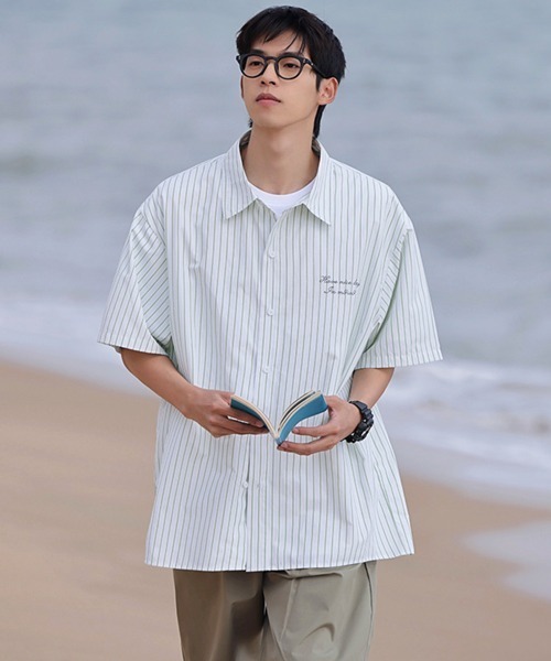 NOWLE(ノウル)の「【NOWLE】大人カジュアル 刺繍 ワンポイント 半袖 ストライプシャツ(シャツ/ブラウス・メンズ・ライトグリーン/ライトベージュ・MEDIUM/X-LARGE/LARGE)」の13枚目の写真