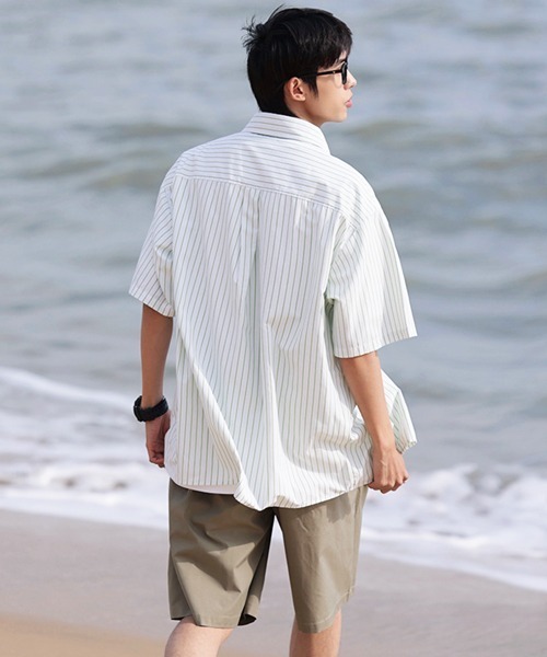 NOWLE(ノウル)の「【NOWLE】大人カジュアル 刺繍 ワンポイント 半袖 ストライプシャツ(シャツ/ブラウス・メンズ・ライトグリーン/ライトベージュ・MEDIUM/X-LARGE/LARGE)」の14枚目の写真