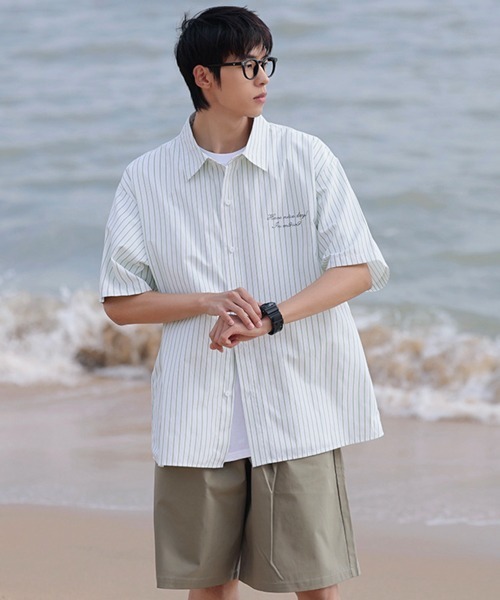 NOWLE(ノウル)の「【NOWLE】大人カジュアル 刺繍 ワンポイント 半袖 ストライプシャツ(シャツ/ブラウス・メンズ・ライトグリーン/ライトベージュ・MEDIUM/X-LARGE/LARGE)」の16枚目の写真