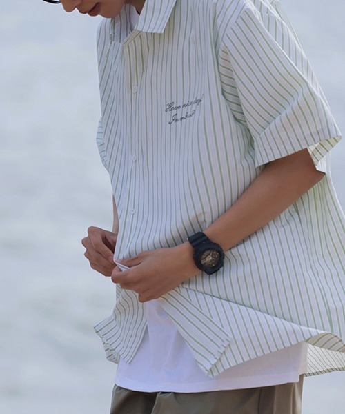 NOWLE(ノウル)の「【NOWLE】大人カジュアル 刺繍 ワンポイント 半袖 ストライプシャツ(シャツ/ブラウス・メンズ・ライトグリーン/ライトベージュ・MEDIUM/X-LARGE/LARGE)」の17枚目の写真