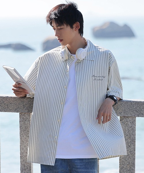 NOWLE(ノウル)の「【NOWLE】大人カジュアル 刺繍 ワンポイント 半袖 ストライプシャツ(シャツ/ブラウス・メンズ・ライトグリーン/ライトベージュ・MEDIUM/X-LARGE/LARGE)」の18枚目の写真