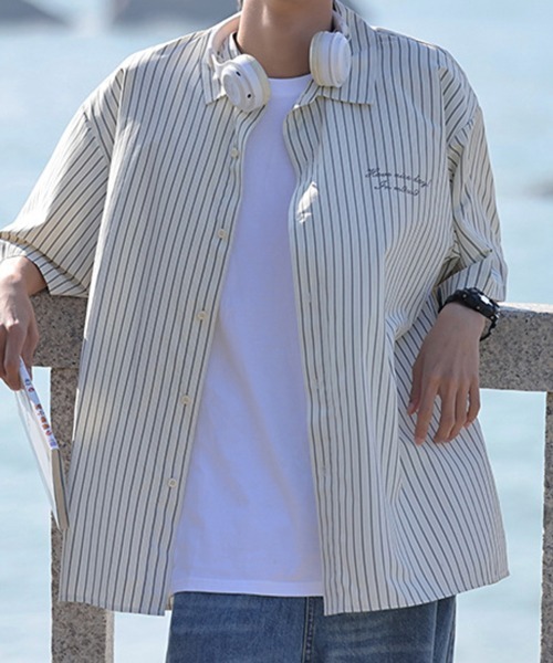 NOWLE(ノウル)の「【NOWLE】大人カジュアル 刺繍 ワンポイント 半袖 ストライプシャツ(シャツ/ブラウス・メンズ・ライトグリーン/ライトベージュ・MEDIUM/X-LARGE/LARGE)」の19枚目の写真