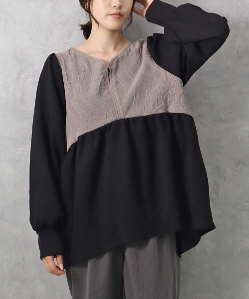 Bleu Bleuet(ブルーブルーエ)の「【ZOZO限定】ウェーブ切替ペプラムトップス(スウェット・レディース・アイボリー/ブラック・FREE)」の16枚目の写真
