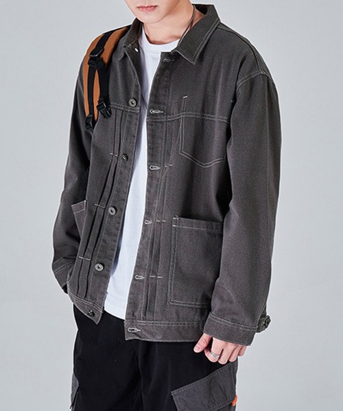 SETUP7（セットアップセブン）の「【SETUP7】デニムワークジャケット カバーオール / オーバーサイズ/フレンチワークテイスト KNF144（カバーオール・メンズ・グレー/ブラック/ベージュ・M/L/XL）」の2枚目の写真