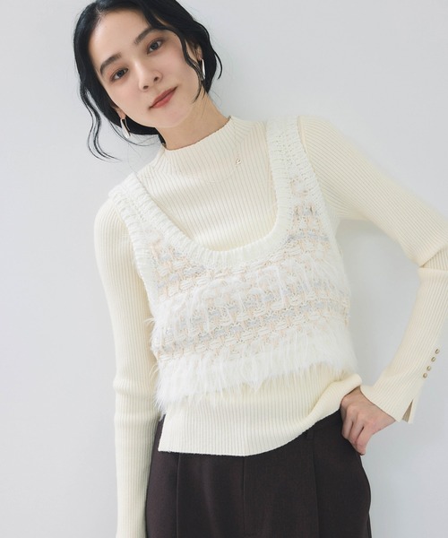 VIS（ビス）の「【美得】スリーブ釦アクセントリブニット/WEB限定FSサイズ・静電気防止（ニット/セーター・レディース・グレー/オフホワイト/ブラック/ホワイト系その他5/サックスブルー/レッド/キナリ/ブラウン系その他2・FS/FREE）」の2枚目の写真