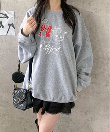 Mejoul | 【25年秋冬新作】【裏起毛】【ルームウェアにも！】ガーリーアソートグラフィックプリントビッグスウェット プルオーバーアニマル 猫  ワンポイント(スウェット)