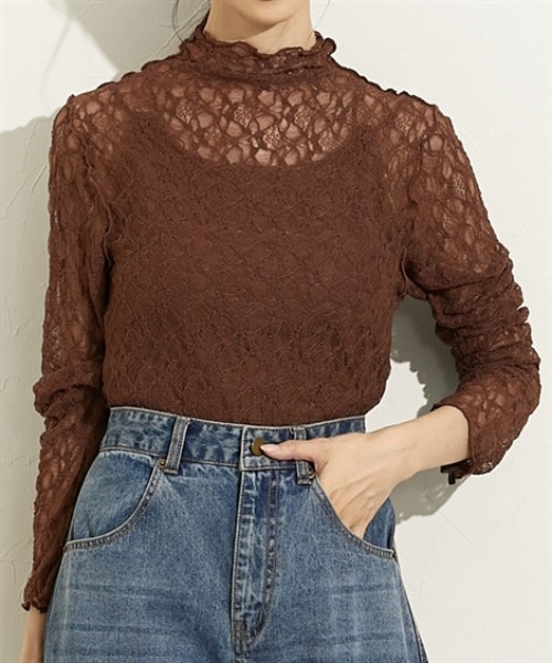 nissen（ニッセン）の「ストレッチレースボトルネックトップス（Tシャツ/カットソー・レディース・ブラウン/アイボリー/ブラック・M/L）」の3枚目の写真