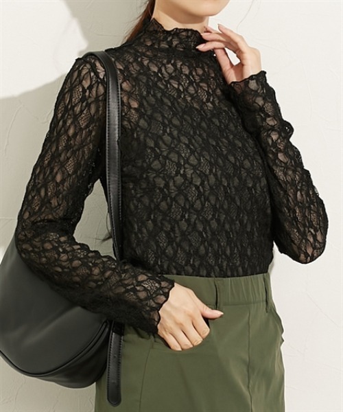 nissen（ニッセン）の「ストレッチレースボトルネックトップス（Tシャツ/カットソー・レディース・ブラウン/アイボリー/ブラック・M/L）」の2枚目の写真