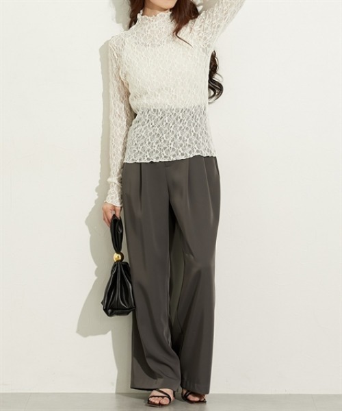 nissen（ニッセン）の「ストレッチレースボトルネックトップス（Tシャツ/カットソー・レディース・ブラウン/アイボリー/ブラック・M/L）」の5枚目の写真