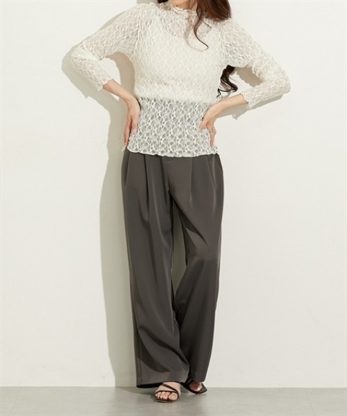 nissen（ニッセン）の「ストレッチレースボトルネックトップス（Tシャツ/カットソー・レディース・ブラウン/アイボリー/ブラック・M/L）」の6枚目の写真