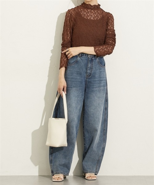 nissen（ニッセン）の「ストレッチレースボトルネックトップス（Tシャツ/カットソー・レディース・ブラウン/アイボリー/ブラック・M/L）」の13枚目の写真