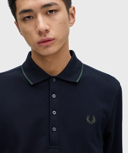 Textured Long Sleeve Polo Shirt／テクスチャー長袖ポロシャツ