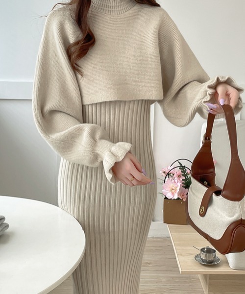 セール】ショート丈フリルドルマンニット＆キャミワンピース2点セット