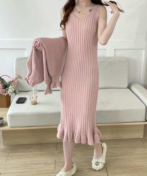bunny lis ニットトップス×ニットキャミワンピース 2点セット ピンク