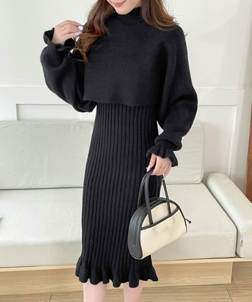 セール】ショート丈フリルドルマンニット＆キャミワンピース2点セット