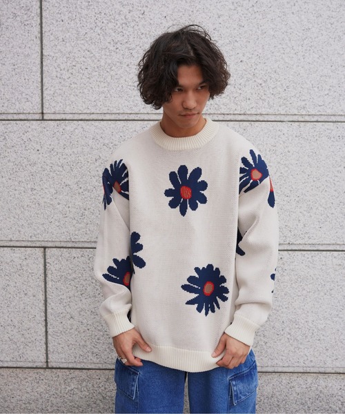 BEAVER(ビーバー)の「B omnivore/ビーオムニボー FLOWER KNIT TOP(ニット/セーター・メンズ・ナチュラル/ブラック・M/L/XL)」の1枚目の写真