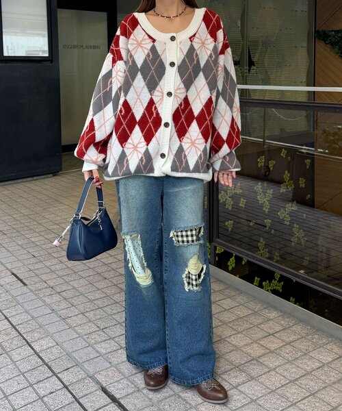 CIAOPANIC（チャオパニック）の「リボンアーガイルニットカーディガン（カーディガン/ボレロ・レディース・アイボリー/レッド/グリーン/ネイビー/オレンジ/マスタード・ONE SIZE）」の10枚目の写真