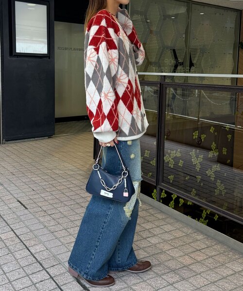 CIAOPANIC（チャオパニック）の「リボンアーガイルニットカーディガン（カーディガン/ボレロ・レディース・アイボリー/レッド/グリーン/ネイビー/オレンジ/マスタード・ONE SIZE）」の11枚目の写真