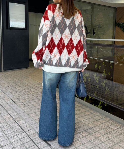 CIAOPANIC（チャオパニック）の「リボンアーガイルニットカーディガン（カーディガン/ボレロ・レディース・アイボリー/レッド/グリーン/ネイビー/オレンジ/マスタード・ONE SIZE）」の12枚目の写真