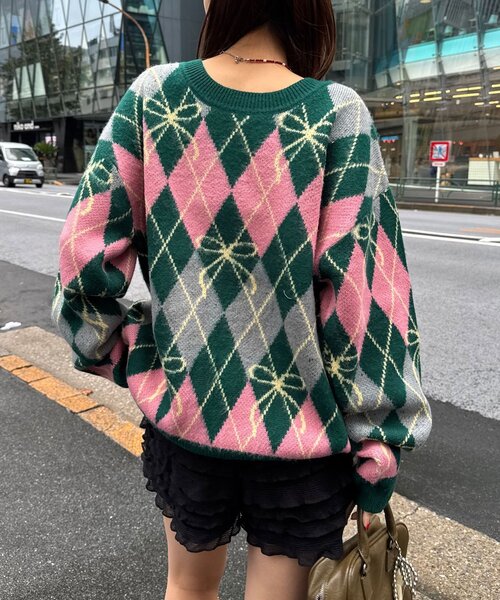 CIAOPANIC（チャオパニック）の「リボンアーガイルニットカーディガン（カーディガン/ボレロ・レディース・アイボリー/レッド/グリーン/ネイビー/オレンジ/マスタード・ONE SIZE）」の16枚目の写真